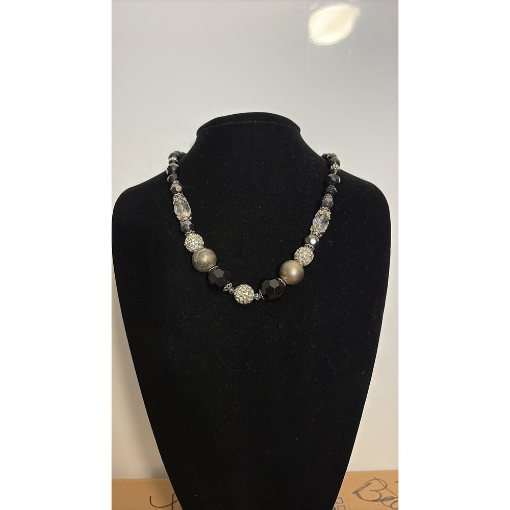Vintage Statement Chunky Bead Necklace with Rhinestones & Hematite Finish